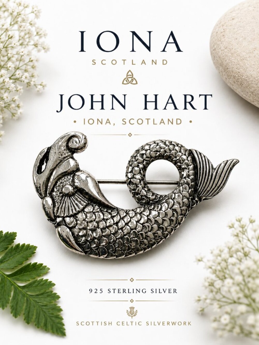Vintage Iona Scotland Sterling Silver Mythical Fish Brooch